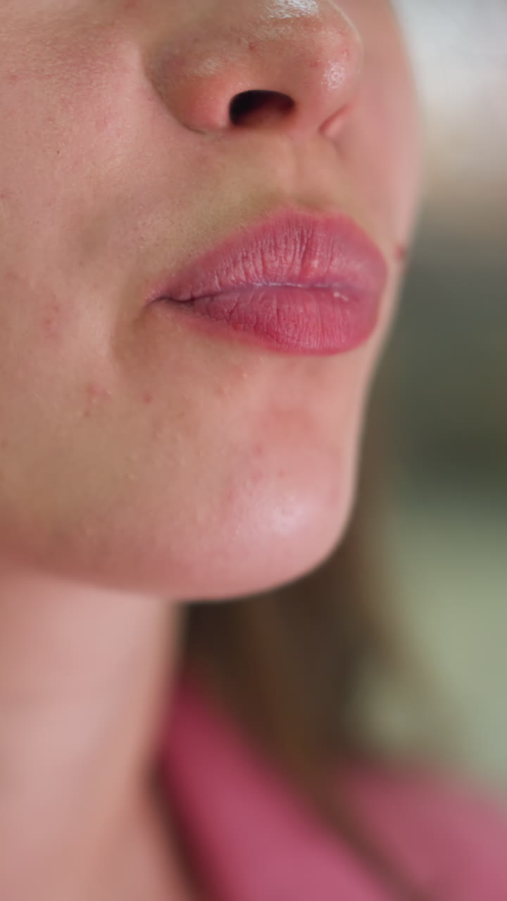 primer plano de una mujer con un vestido rosa saboreando una fritura con una sonrisa suave, manchas visibles en su cara, disfrutando del delicioso sabor de la fritura, con luces de colores borrosas en el fondo