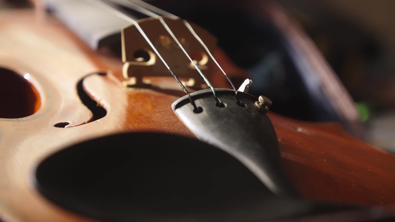 Slide close-up shot reveal Antique 3 string violin fiddle details