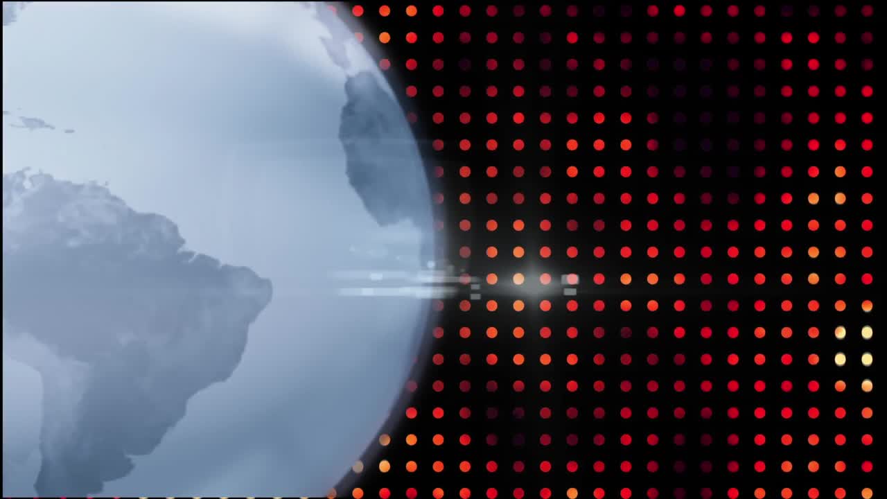 animación de un globo giratorio con luces de lente sobre círculos contra un fondo negro