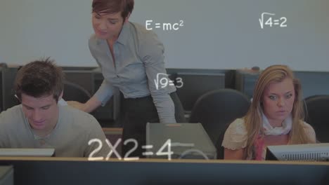 animation of math formulas over caucasian students using computers