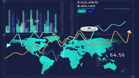 animation of world map and data processing over diagrams