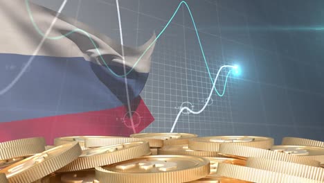 animation of pound coins over data processing and flag of russia