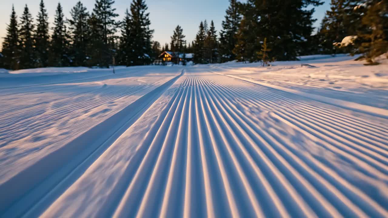 Groomed Cross-Country Ski Track in Snowy Forest at Sunset