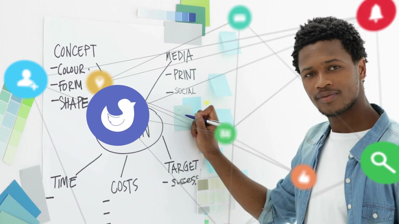 Designer starting drawing DESIGN map on board, planning media while pausing and icons circling him