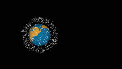 satellites orbiting rotating earth on black background, vertical composition, seamless loop