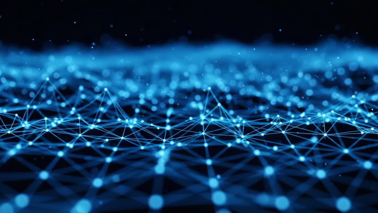 A Captivating Abstract Representation of Technology with a Network of Interconnected Nodes and Glowing Particles in a Blue Hued Digital Landscape