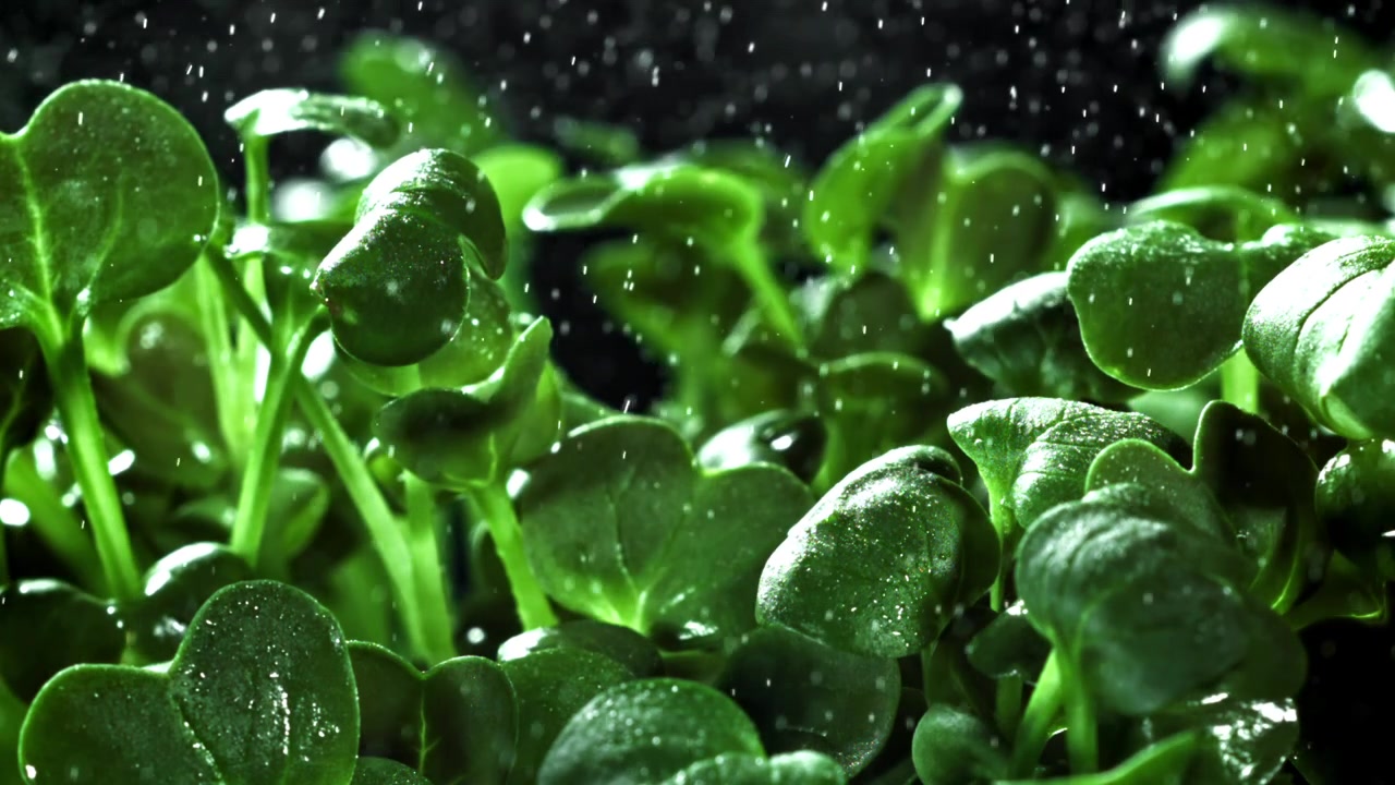 Goccioline d'acqua che cadono al rallentatore su micro-ortaggi verdi freschi