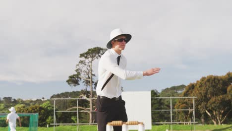 cricket umpire making signs standing on a cricket pitch