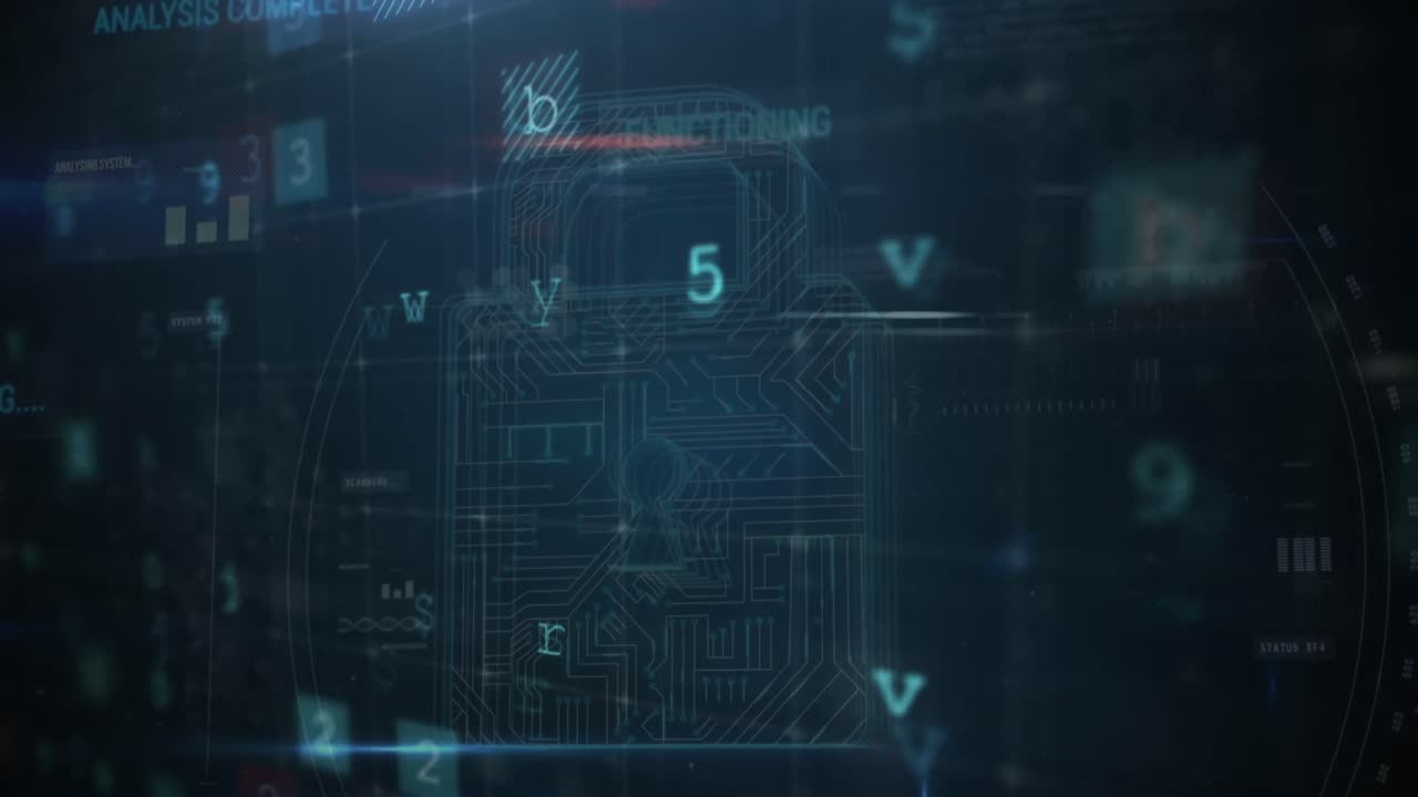 Animation of security padlock over data processing on dark background