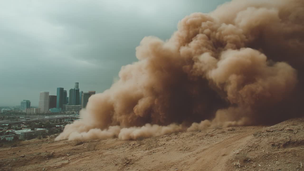 Drammatica Tempesta di Polvere Avvolge lo Skyline Urbano Sotto Cieli Minacciosi, Catturando la Potenza della Natura in un Intenso Paesaggio Desertico
