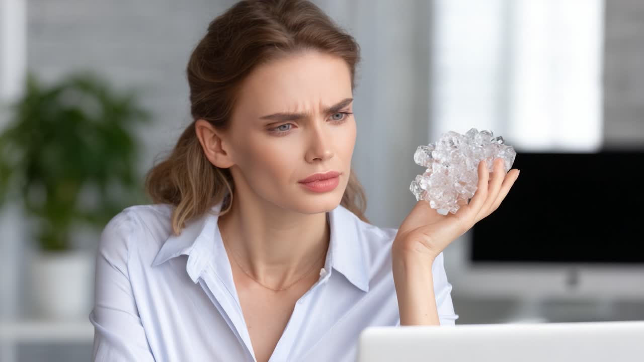 A Young Woman Holding a Cluster of Ice While Looking Concerned at Her Laptop Screen, Expressing Frustration and Discontent in a Modern Workspace Setting