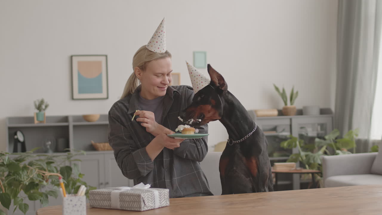 Woman Feeding Dog with Birthday Cupcake
