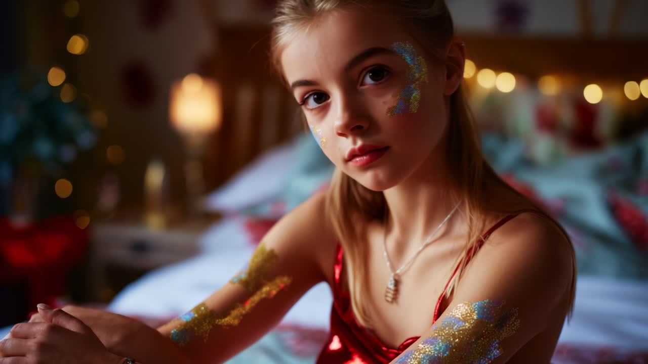 A Reflective Moment: A Young Girl in a Glamorous Red Outfit with Glittery Body Art Posed Elegantly in a Cozy Room Lit with Warm Lights, Embracing a Calm and Enigmatic Atmosphere