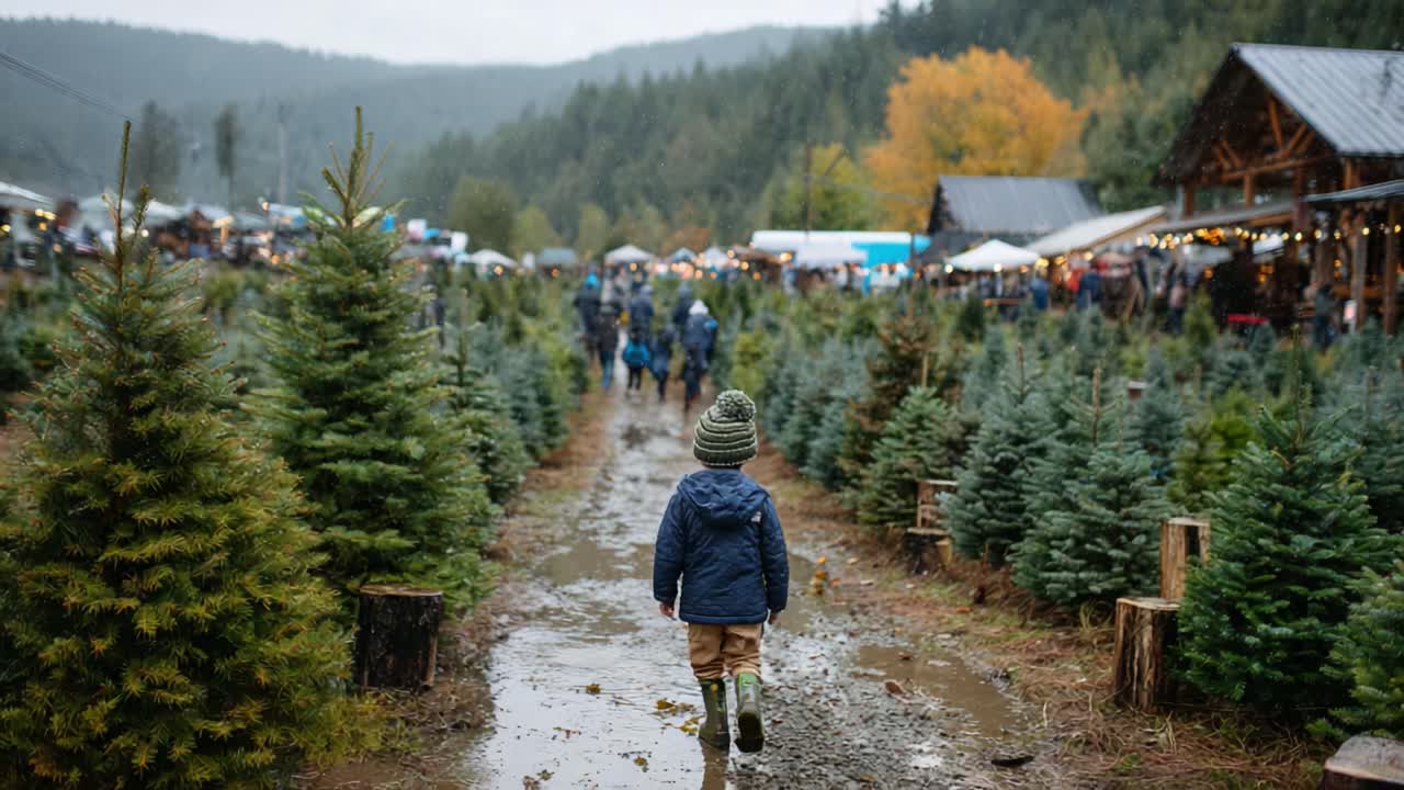 A Young Child Strolling Through a Lush Christmas Tree Farm Path Surrounded by Evergreen Firs on a Rainy Day, Creating a Heartwarming Holiday Atmosphere