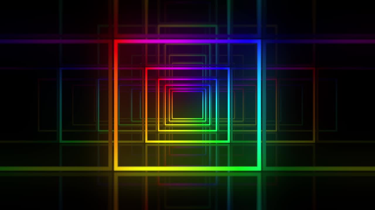 túnel de geometría abstracta en 3d. formas cuadradas de arco iris de colores se mueven en perspectiva sobre un fondo negro vacío. espectáculo, vacaciones, concepto de actuación