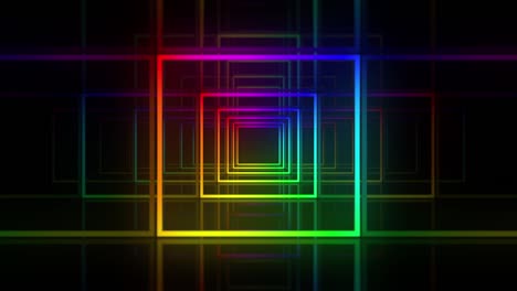 3d abstract geometry tunnel. colored rainbow square shapes move in perspective on an empty black background. show, holiday, performance concept