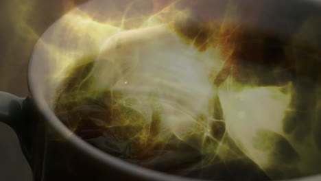 dark coffee being animated in 3d render inside ceramic mug swirling with green energy patterns