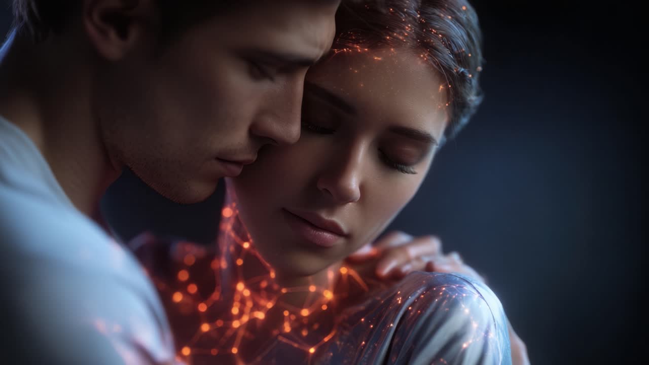 Un profondo legame emotivo tra due amanti che mostra un bagliore etereo di giochi di luce e tocchi delicati, incarnando intimità e affetto in un'estetica moderna.