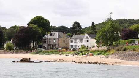 coastal scene with houses and beachgoers