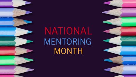 Animation-of-national-mentoring-month-text-with-colour-pencils-on-black-background