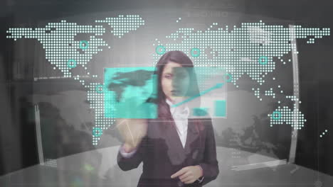 businesswoman switching windows on futuristic screen.