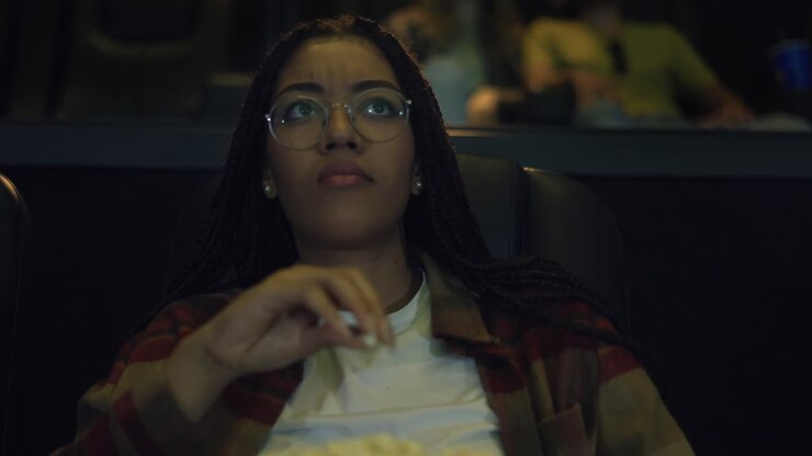 Diverse raced woman sitting in armchair watching a movie at the cinema, taking popcorn