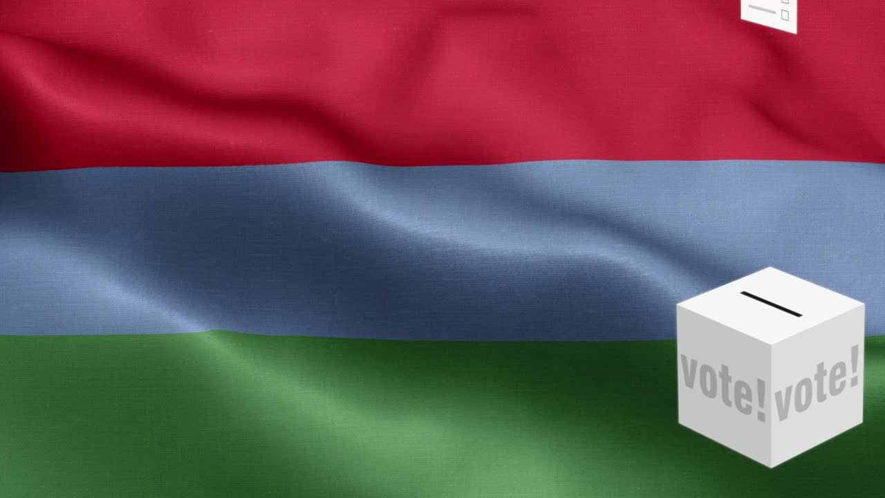 las papeletas de votación vuelan a la caja para la selección de karelia - caja de votación frente a la bandera - elección - voto - bandera de carelia - bandera de karelia alto detalle - bandera nacional patrón de ondas de karelia elementos en bucle - textura de tela y bucle sin fin