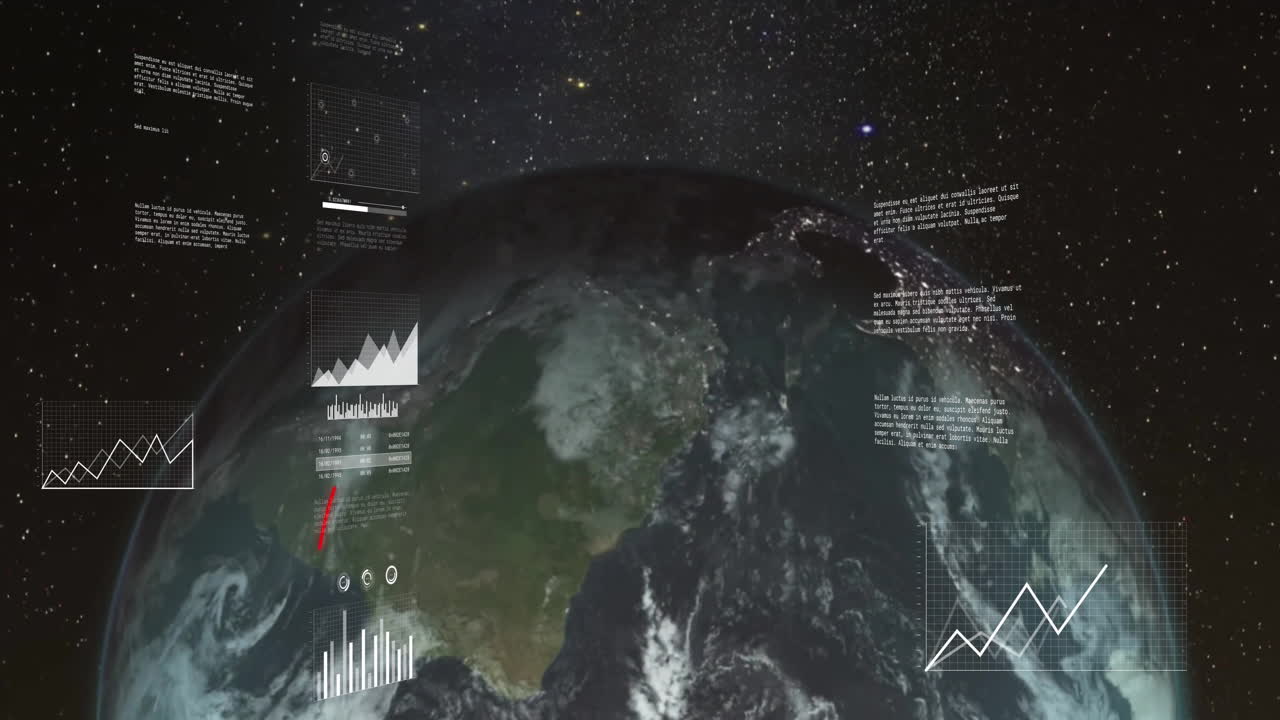 Animation of digital data processing over globe on dark background
