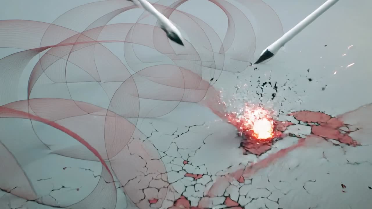 Tip-colliding white rods sparking impacts, ejecting debris and cracking gray plane, pink ribbons