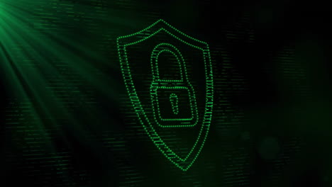 animation of padlock and shield with digital data processing over black background