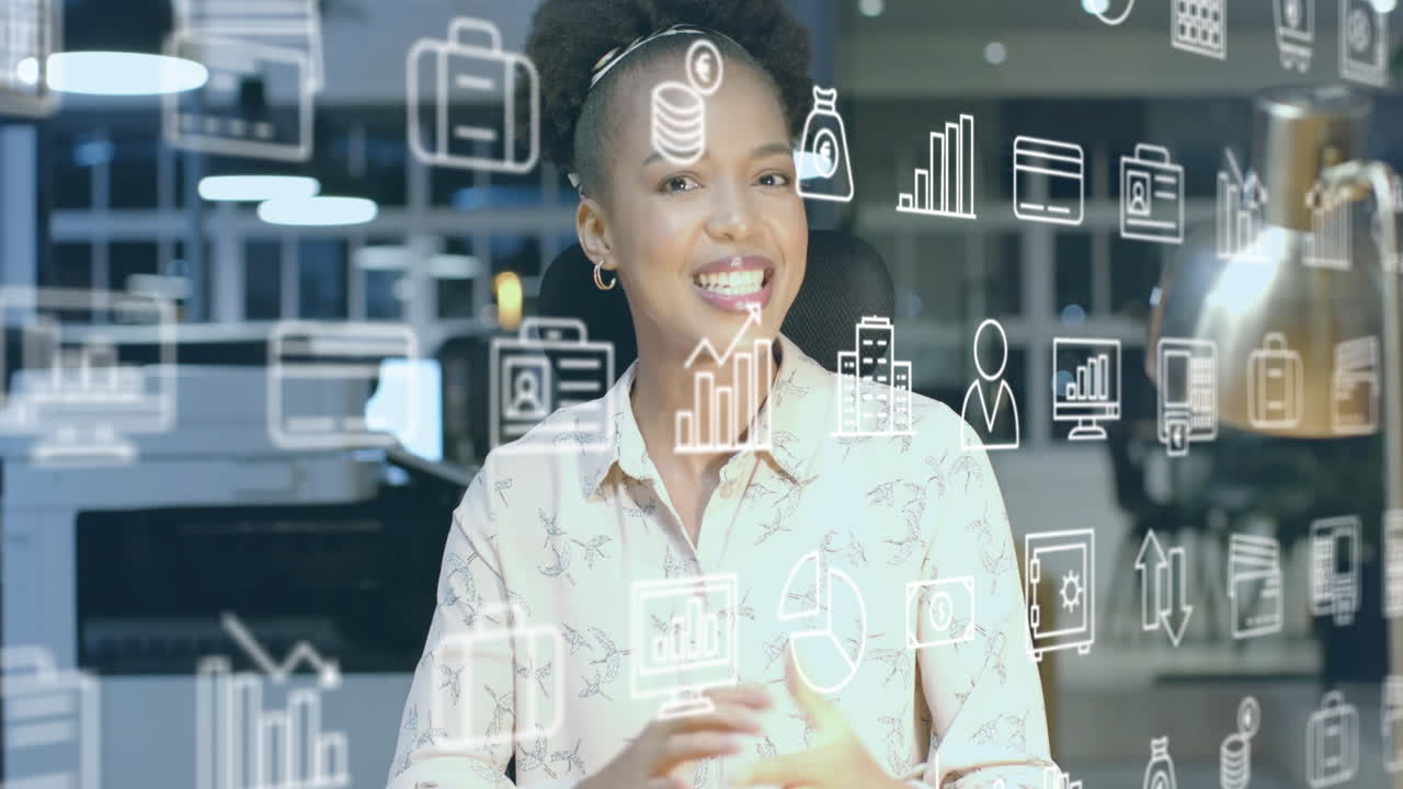 Animation of business icons and data processing over african american businesswoman in office