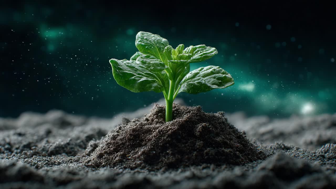 A Resilient Green Seedling Thrives in a Dark and Mysterious Environment, Symbolizing Growth and Hope Amidst Adversity and Uncertainty in Nature's Journey