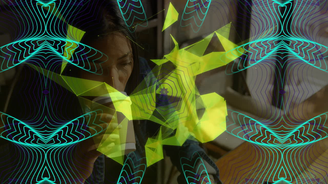 Woman sipping coffee at business café workspace, featuring neon data graphs and smartphone icons