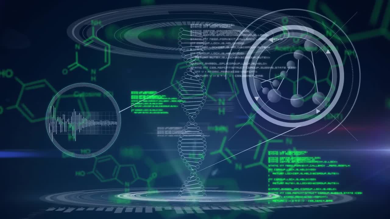 Scientific data in green and grey on a dark background