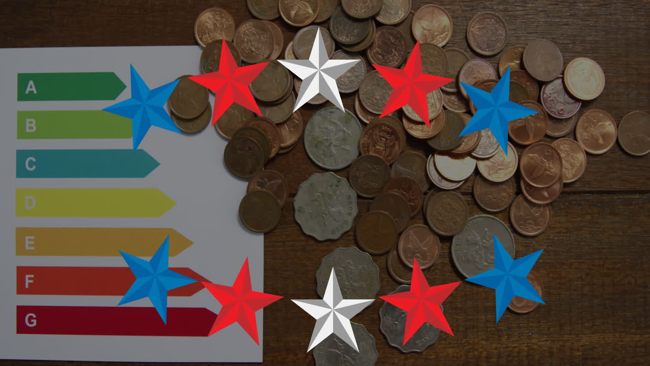 animación de estrellas sobre monedas sobre fondo de madera