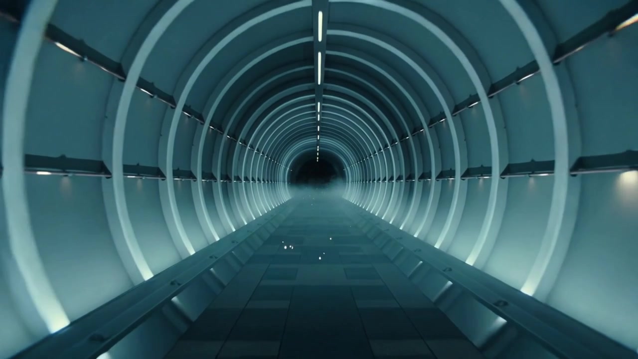 Pushing camera showing futuristic corridor advancing to reveal misty opening with particles