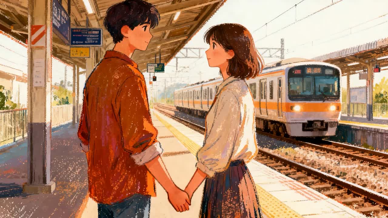 A couple holding hands on a train platform