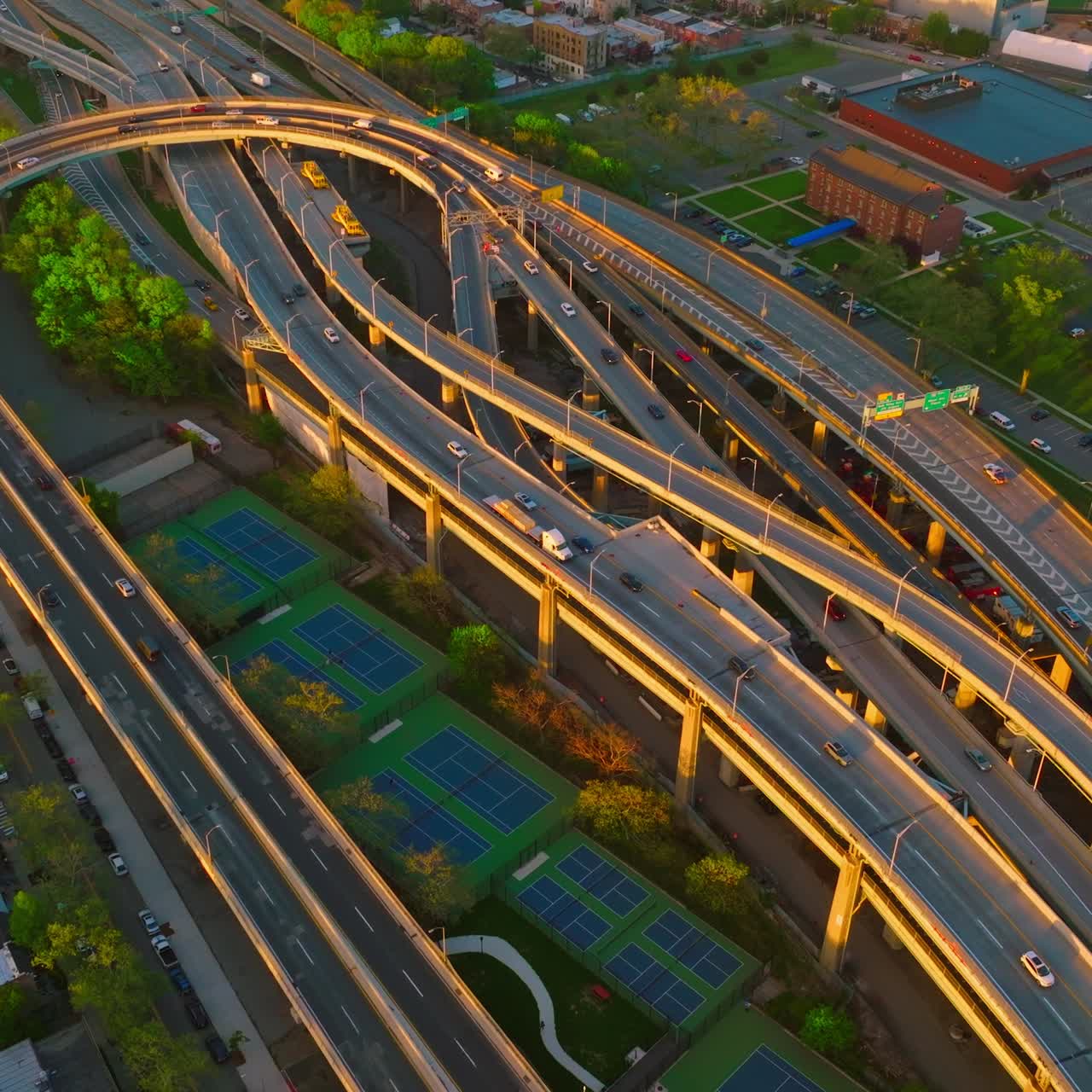 Numerous motorways crossing each other and intertwining. Tennis courts located between the roads. Top view