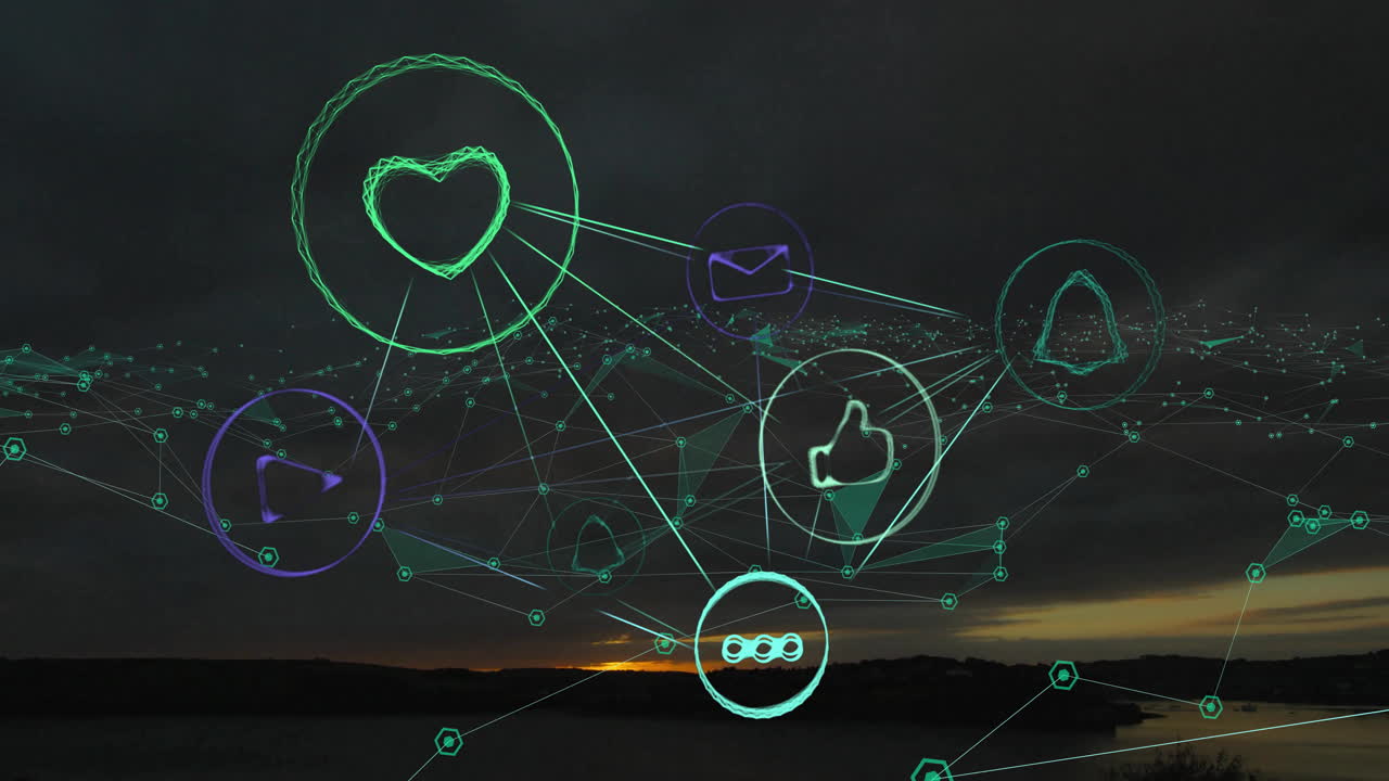 검은색 배경에 아이콘으로 연결 네트워크의 애니메이션