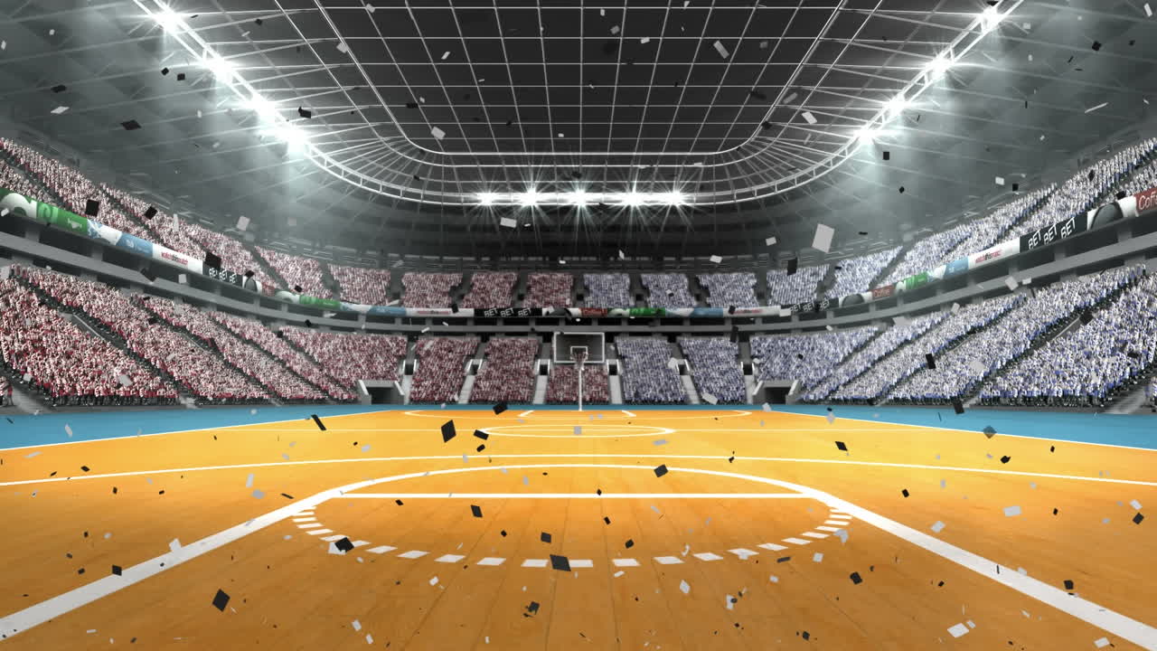 animación de confeti cayendo sobre la cancha de baloncesto del estadio deportivo