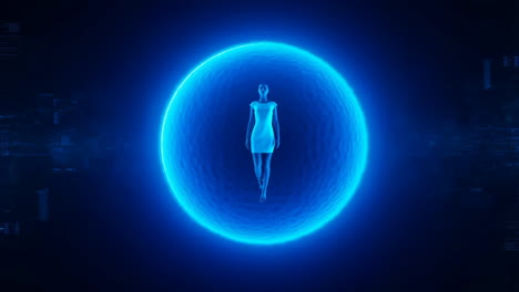 woman floating in a glowing blue energy sphere