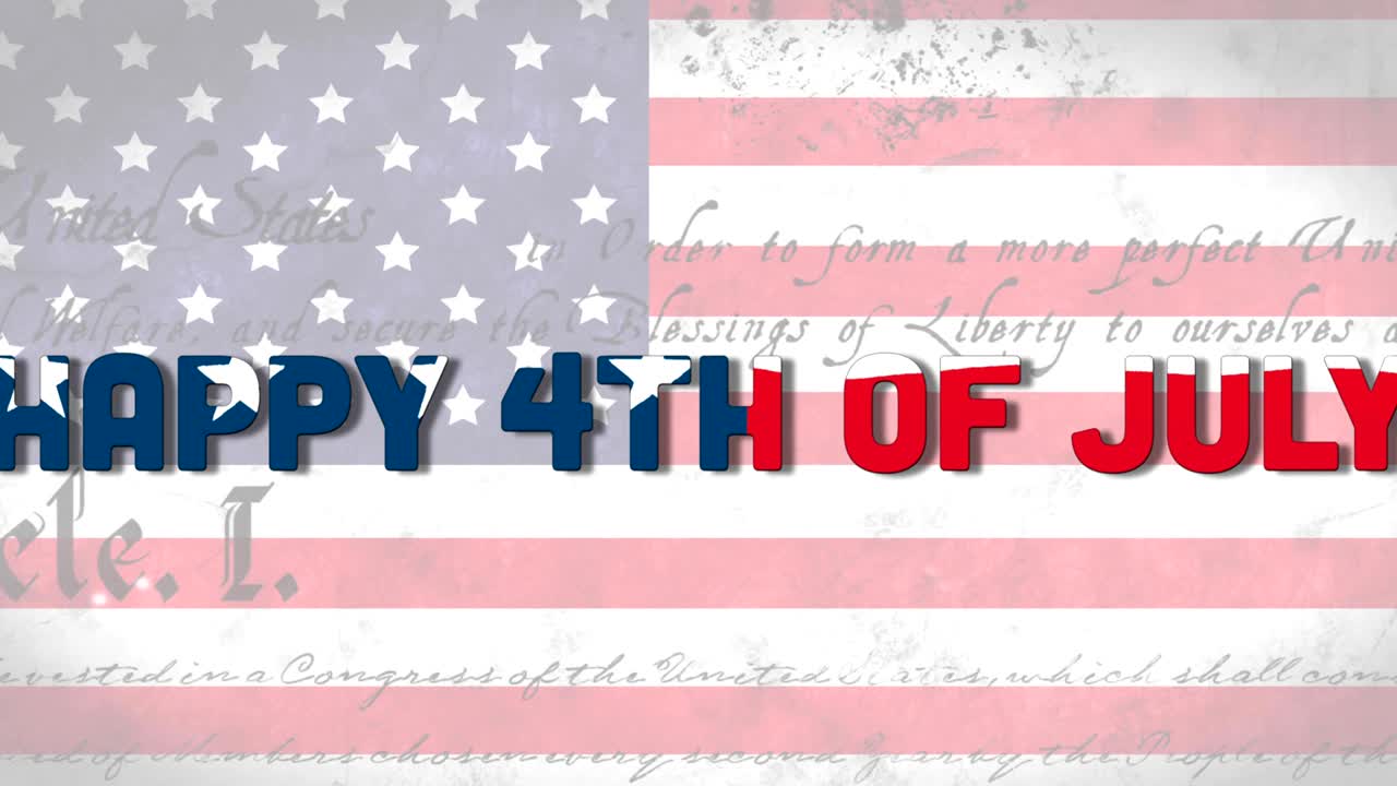 Independence Day text over US flag against U.S. Constitution text rolling