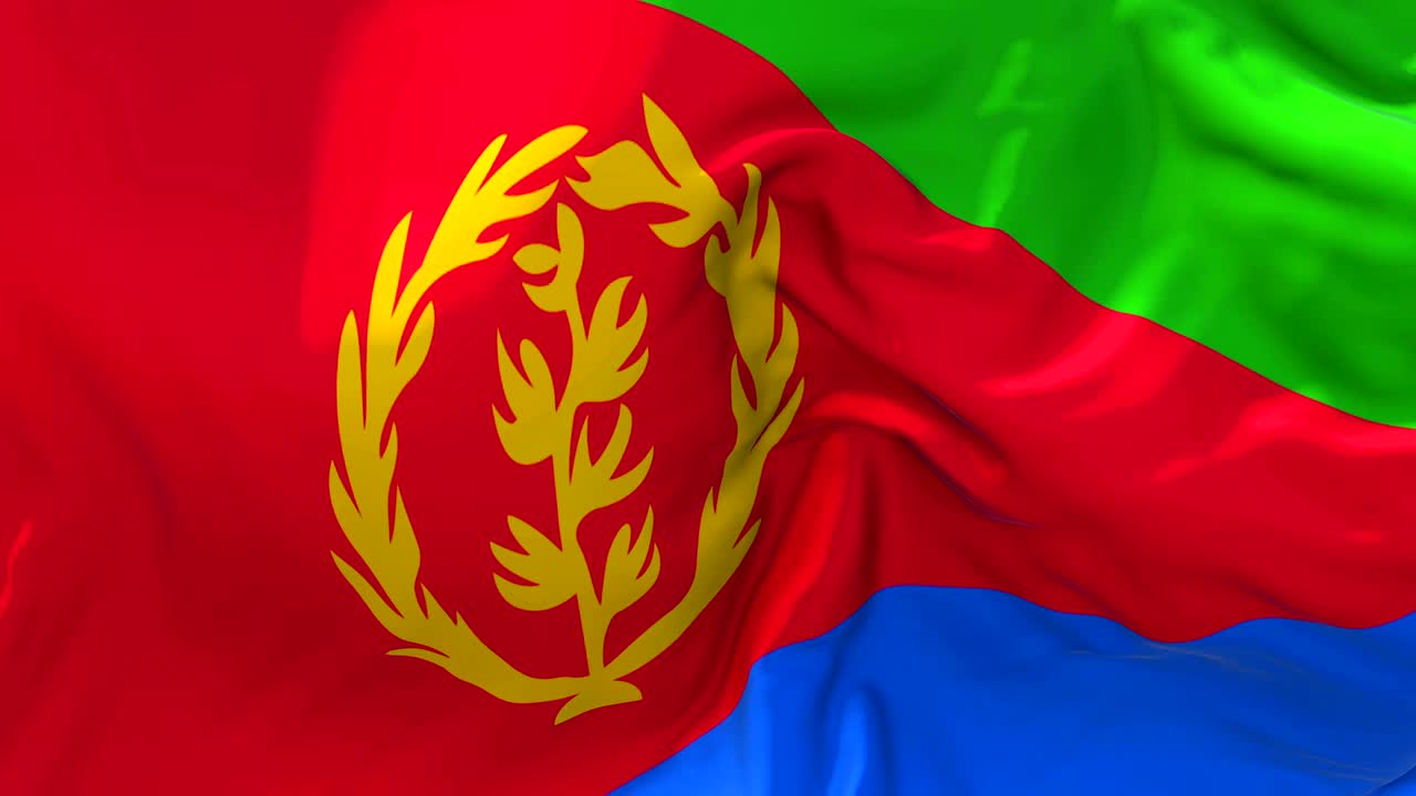 флаг эритреи, размахивающийся в ветре в медленной анимации. флаг с реалистичной текстурой ткани 4k плавно дует в ветреный день на фоне непрерывной беспрепятственной петли.