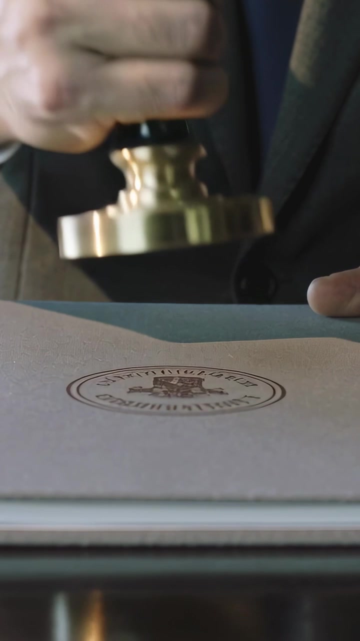Video verticale: Mano che si allinea e preme un sigillo in ottone su una cartella chiara alla scrivania, lasciando un emblema