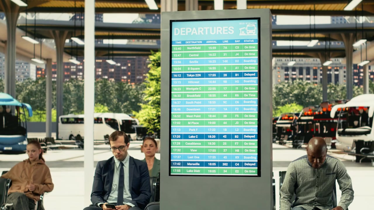 Area d'attesa affollata nella stazione degli autobus con passeggeri pronti per viaggi interurbani