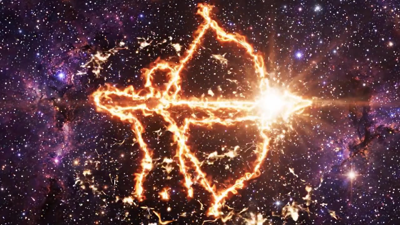 Uma Dança Cósmica Enigmática: A Transformação de Padrões Celestiais em Símbolos Flamejantes em Meio à Vastidão do Universo
