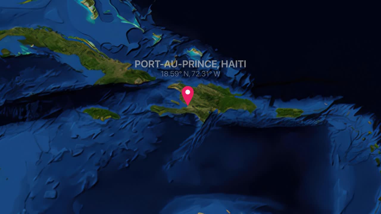 A digital world map zooms rapidly from global view into Port-au-Prince, Haiti with coordinates