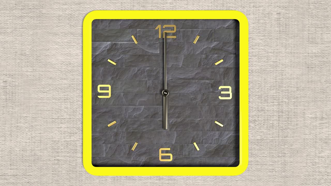 animación 3d de reloj de forma cuadrada en la pared. patrón sin costuras de tiempo en movimiento.