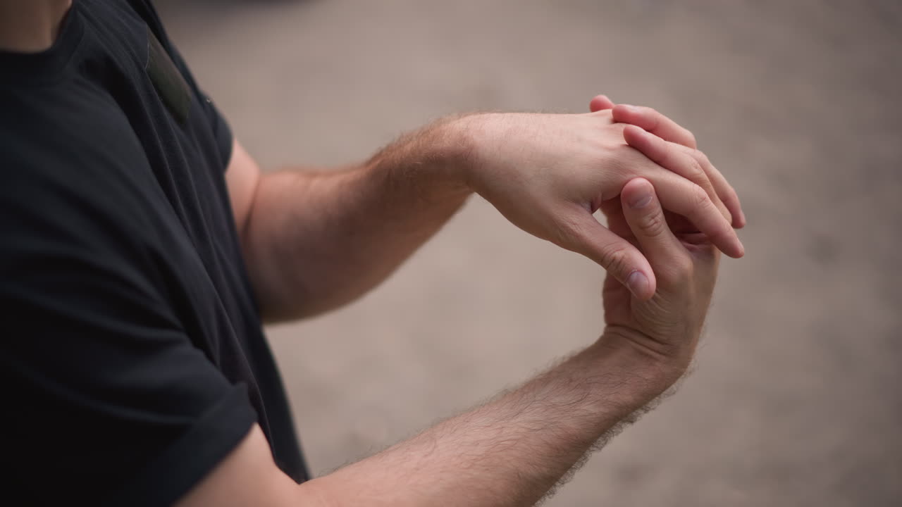 White Man Rubbing Hands Before Workout, Closeup Of Palms And Wrists Massaging To Warm Up For Exercise, Casual Black Shirt, Outdoor Park Bench Background, Focused Preparatory Motion