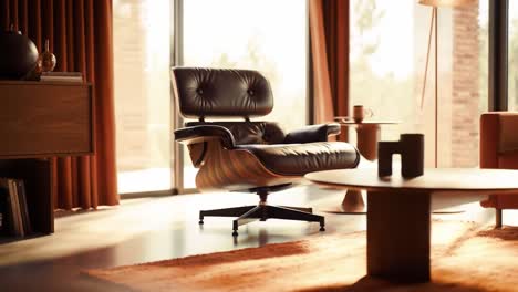 stylish interior with modern furniture: elegant leather chair and cozy sofa in a bright living space highlighting contemporary design and creative decor elements